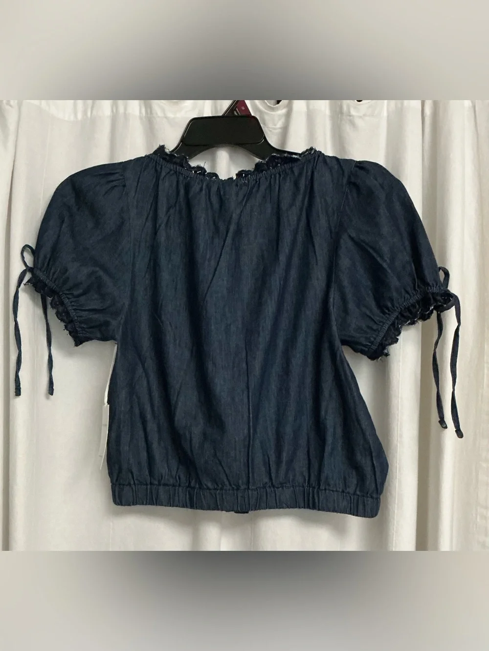 Free Assembly Embroidered Dark Wash Denim, Short Puff Sleeves Cropped Top-Small - Picture 2 of 6